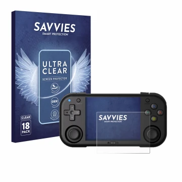 Front side of a product packaging with the brand logo Savvies. Next to it is the device Magicx Mini Zero 28 shown with the cor