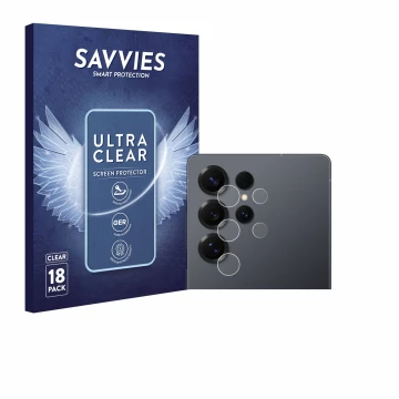 Front side of a product packaging with the brand logo Savvies. Next to it is the device Samsung Galaxy S25 Ultra (ONLY Camera 