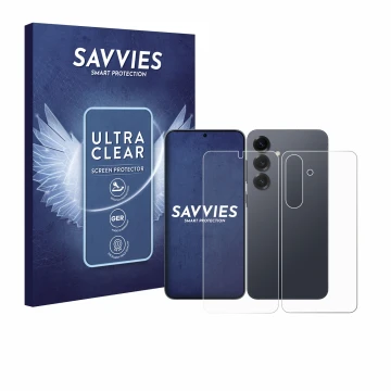 Front side of a product packaging with the brand logo Savvies. Next to it is the device Samsung Galaxy S25 (Front+Back) shown 