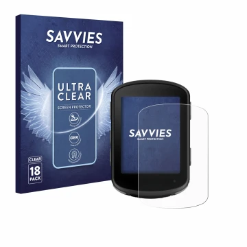 Front side of a product packaging with the brand logo Savvies. Next to it is the device Garmin Edge 540 Solar shown with the c