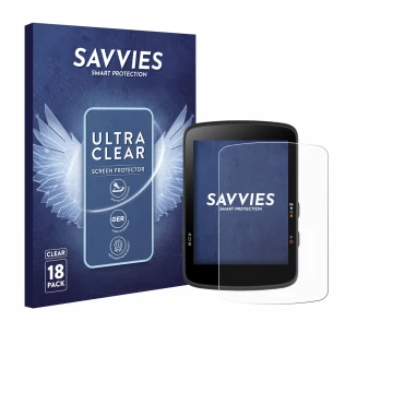 Front side of a product packaging with the brand logo Savvies. Next to it is the device Bryton Rider 17 shown with the corresp