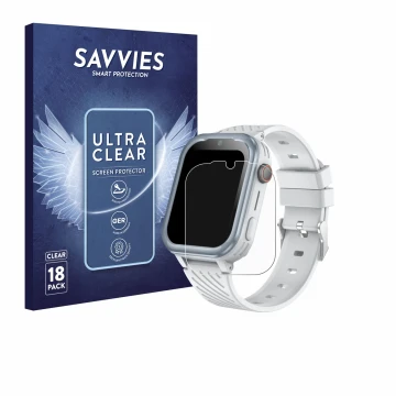 Front side of a product packaging with the brand logo Savvies. Next to it is the device DDIOYIUR Smartwatch shown with the cor