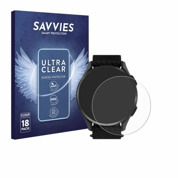 Front side of a product packaging with the brand logo Savvies. Next to it is the device Garmin Approach S50 shown with the cor