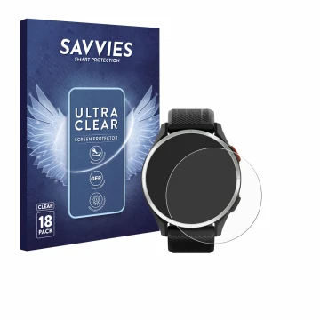 Front side of a product packaging with the brand logo Savvies. Next to it is the device Garmin Approach S44 shown with the cor