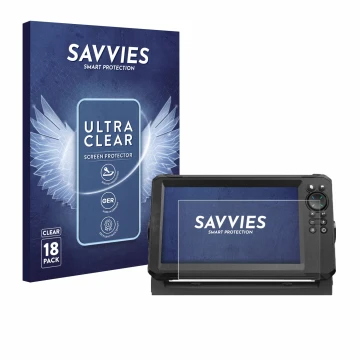 Front side of a product packaging with the brand logo Savvies. Next to it is the device Lowrance Eagle 9 shown with the corres