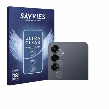 Front side of a product packaging with the brand logo Savvies. Next to it is the device Samsung Galaxy S25 Plus (ONLY Camera L