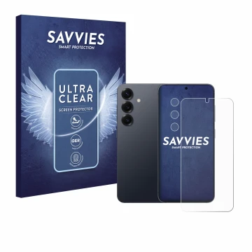 Front side of a product packaging with the brand logo Savvies. Next to it is the device Samsung Galaxy S25 Plus (Front+Camera)