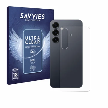 Front side of a product packaging with the brand logo Savvies. Next to it is the device Samsung Galaxy S25 Plus (Back) shown w