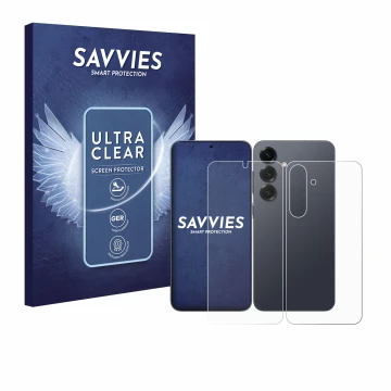 Front side of a product packaging with the brand logo Savvies. Next to it is the device Samsung Galaxy S25 Plus (Front+Back) s