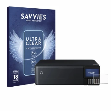 Front side of a product packaging with the brand logo Savvies. Next to it is the device Epson EcoTank ET-8550 shown with the c