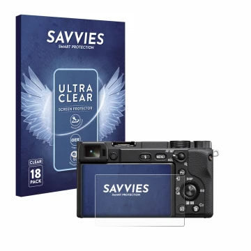 Front side of a product packaging with the brand logo Savvies. Next to it is the device Sony Alpha 6100A shown with the corres