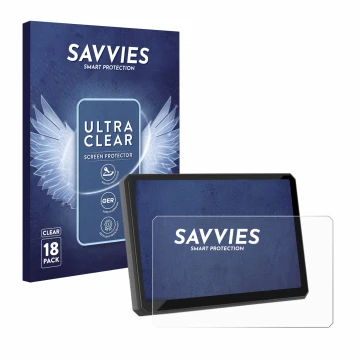 Front side of a product packaging with the brand logo Savvies. Next to it is the device Carpuride W502BS 5