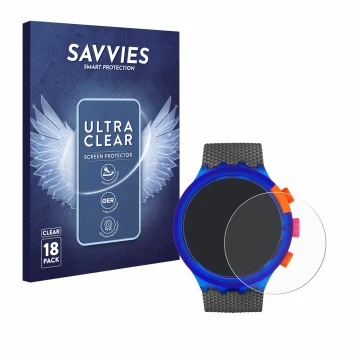 Front side of a product packaging with the brand logo Savvies. Next to it is the device Swatch Neon Party shown with the corre