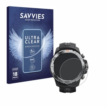 Front side of a product packaging with the brand logo Savvies. Next to it is the device Xiaomi Mibro GS Explorer shown with th