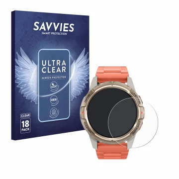 Front side of a product packaging with the brand logo Savvies. Next to it is the device Xiaomi Mibro GS Active shown with the 