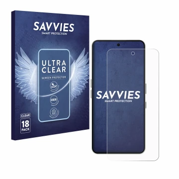 Front side of a product packaging with the brand logo Savvies. Next to it is the device Nothing Phone (3a) shown with the corr