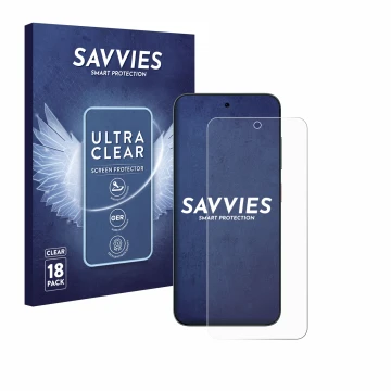 Front side of a product packaging with the brand logo Savvies. Next to it is the device ZTE Blade V70 shown with the correspon