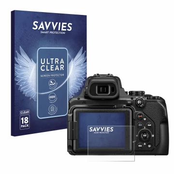 Front side of a product packaging with the brand logo Savvies. Next to it is the device Nikon Coolpix P1100 shown with the cor
