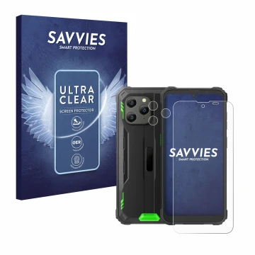 Front side of a product packaging with the brand logo Savvies. Next to it is the device Blackview BV5300 Plus (Front+Camera) s