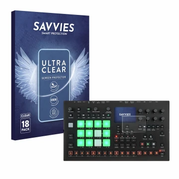 Front side of a product packaging with the brand logo Savvies. Next to it is the device Elektron Analog Rytm MKII shown with t