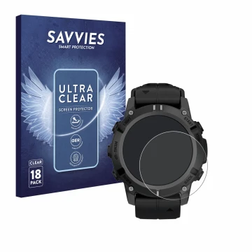 Front side of a product packaging with the brand logo Savvies. Next to it is the device Garmin Descent G2 shown with the corre