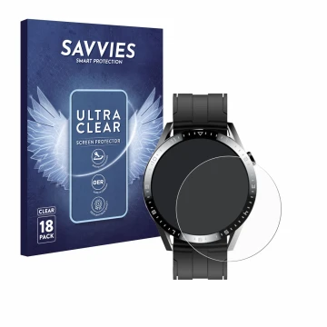 Front side of a product packaging with the brand logo Savvies. Next to it is the device Tracer Smartwatch SM9 shown with the c