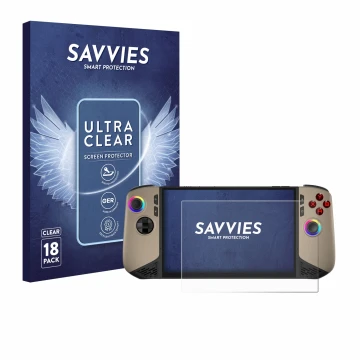 Front side of a product packaging with the brand logo Savvies. Next to it is the device MSI Claw 8 AI+ shown with the correspo