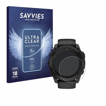 Front side of a product packaging with the brand logo Savvies. Next to it is the device Garmin Tactix 8 AMOLED (51 mm) shown w