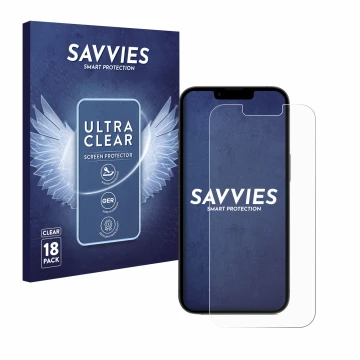 Front side of a product packaging with the brand logo Savvies. Next to it is the device Apple iPhone 16e shown with the corres