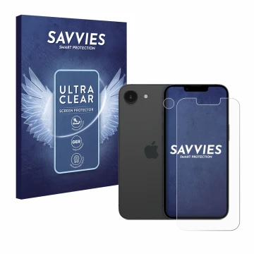 Front side of a product packaging with the brand logo Savvies. Next to it is the device Apple iPhone 16e (Front+Camera) shown 