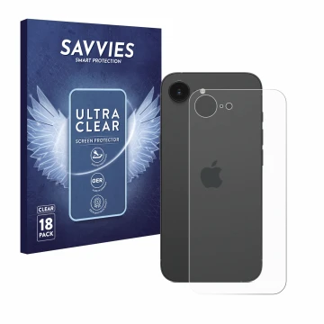 Front side of a product packaging with the brand logo Savvies. Next to it is the device Apple iPhone 16e (Back) shown with the