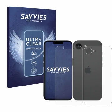 Front side of a product packaging with the brand logo Savvies. Next to it is the device Apple iPhone 16e (Front+Back) shown wi