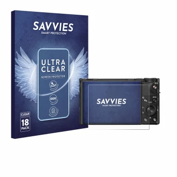 Front side of a product packaging with the brand logo Savvies. Next to it is the device Sony Cyber-Shot DSC-RX100 VIIA shown w