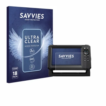 Front side of a product packaging with the brand logo Savvies. Next to it is the device Lowrance Eagle 7 shown with the corres
