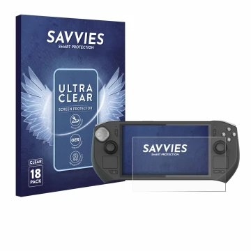 Front side of a product packaging with the brand logo Savvies. Next to it is the device Zotac Gaming Zone shown with the corre