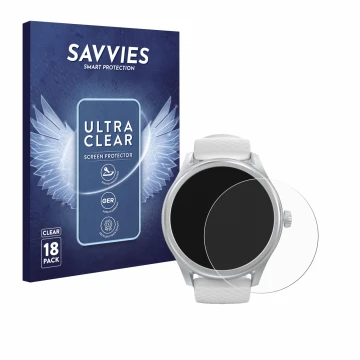 Front side of a product packaging with the brand logo Savvies. Next to it is the device Hama Smartwatch 5010 shown with the co
