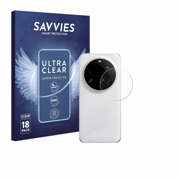 Front side of a product packaging with the brand logo Savvies. Next to it is the device Xiaomi 15 Ultra (ONLY Camera Lens) sho