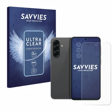 Front side of a product packaging with the brand logo Savvies. Next to it is the device Samsung Galaxy A56 5G (Front+Camera) s