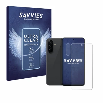 Front side of a product packaging with the brand logo Savvies. Next to it is the device Samsung Galaxy A36 5G (Front+Camera) s