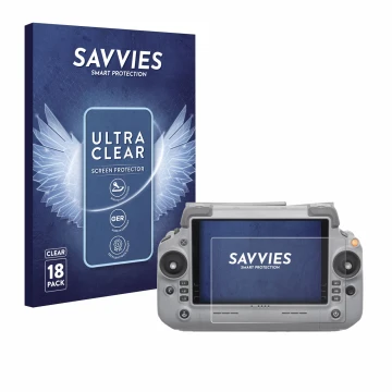 Front side of a product packaging with the brand logo Savvies. Next to it is the device DJI RC Plus 2 shown with the correspon
