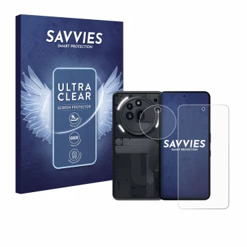 Front side of a product packaging with the brand logo Savvies. Next to it is the device Nothing Phone (3a) Pro (Front+Camera) 