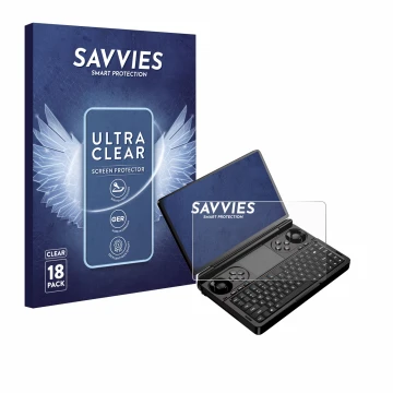 Front side of a product packaging with the brand logo Savvies. Next to it is the device GPD Win Mini (2025) shown with the cor