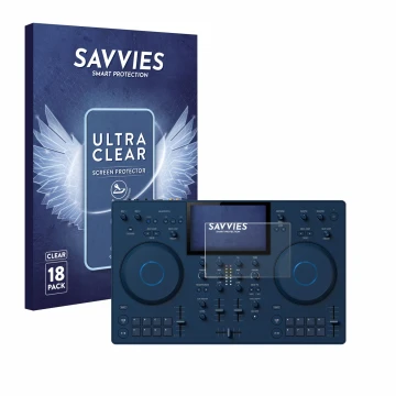 Front side of a product packaging with the brand logo Savvies. Next to it is the device AlphaTheta OMNIS-Duo (Jog) shown with 