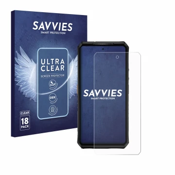 Front side of a product packaging with the brand logo Savvies. Next to it is the device Ulefone Armor 28 Ultra Thermal shown w
