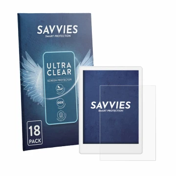 Front side of a product packaging with the brand logo Savvies. Next to it is the device Meebook M8 7.8