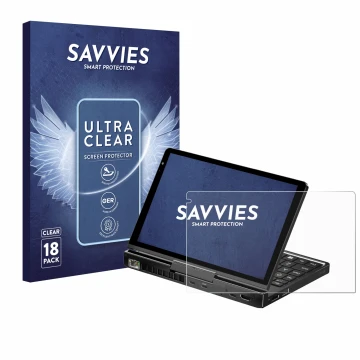 Front side of a product packaging with the brand logo Savvies. Next to it is the device GPD Pocket 4 shown with the correspond