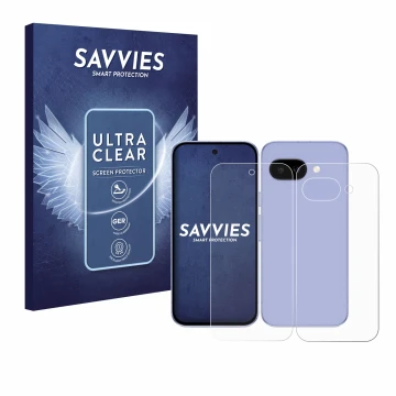 Front side of a product packaging with the brand logo Savvies. Next to it is the device Google Pixel 9a (Front+Back) shown wit