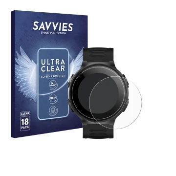 Front side of a product packaging with the brand logo Savvies. Next to it is the device Kiprun GPS 500 Coros shown with the co