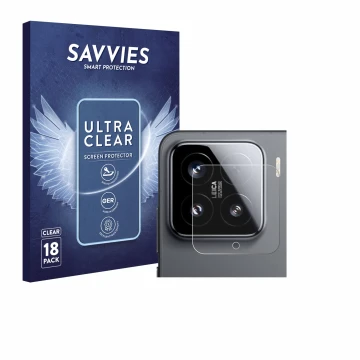 Front side of a product packaging with the brand logo Savvies. Next to it is the device Xiaomi 15 (ONLY Camera Lens) shown wit