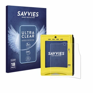 Front side of a product packaging with the brand logo Savvies. Next to it is the device Nayax VPOS TOUCH shown with the corres